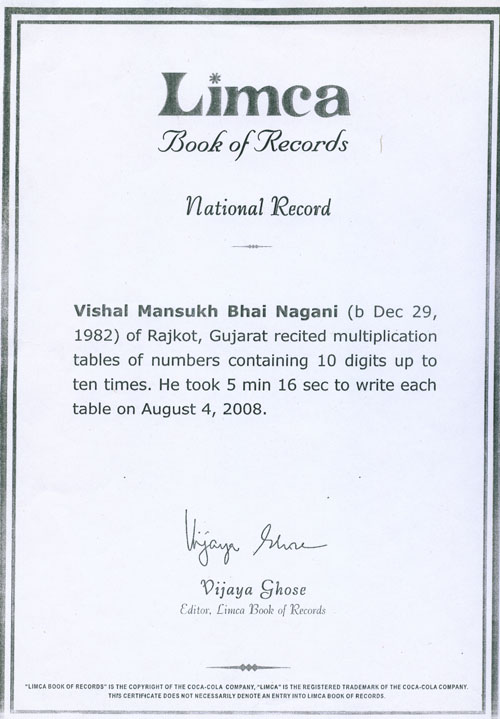 Vishal Nagani's Limca Book of Records Certificate